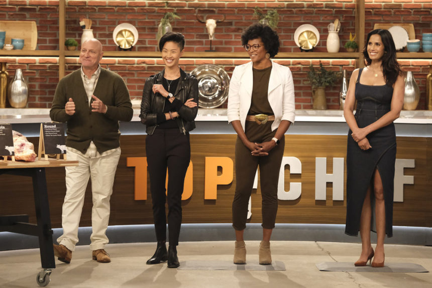 TOP CHEF -- "Primal Instincts" Episode 1901 -- Pictured: (l-r) Tom Colicchio, Kristen Kish, Dawn Burrell, Padma Lakshmi --