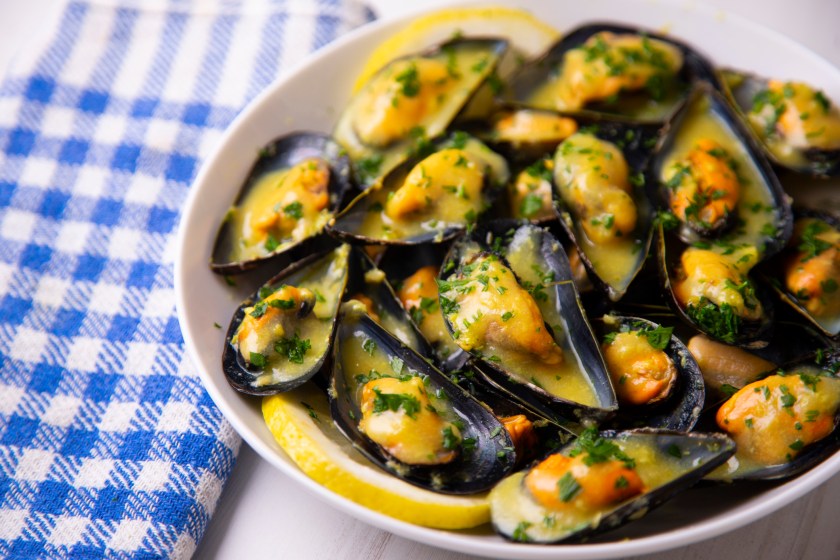 Mussels with mustard sauce. Traditional tapas from Barcelona.